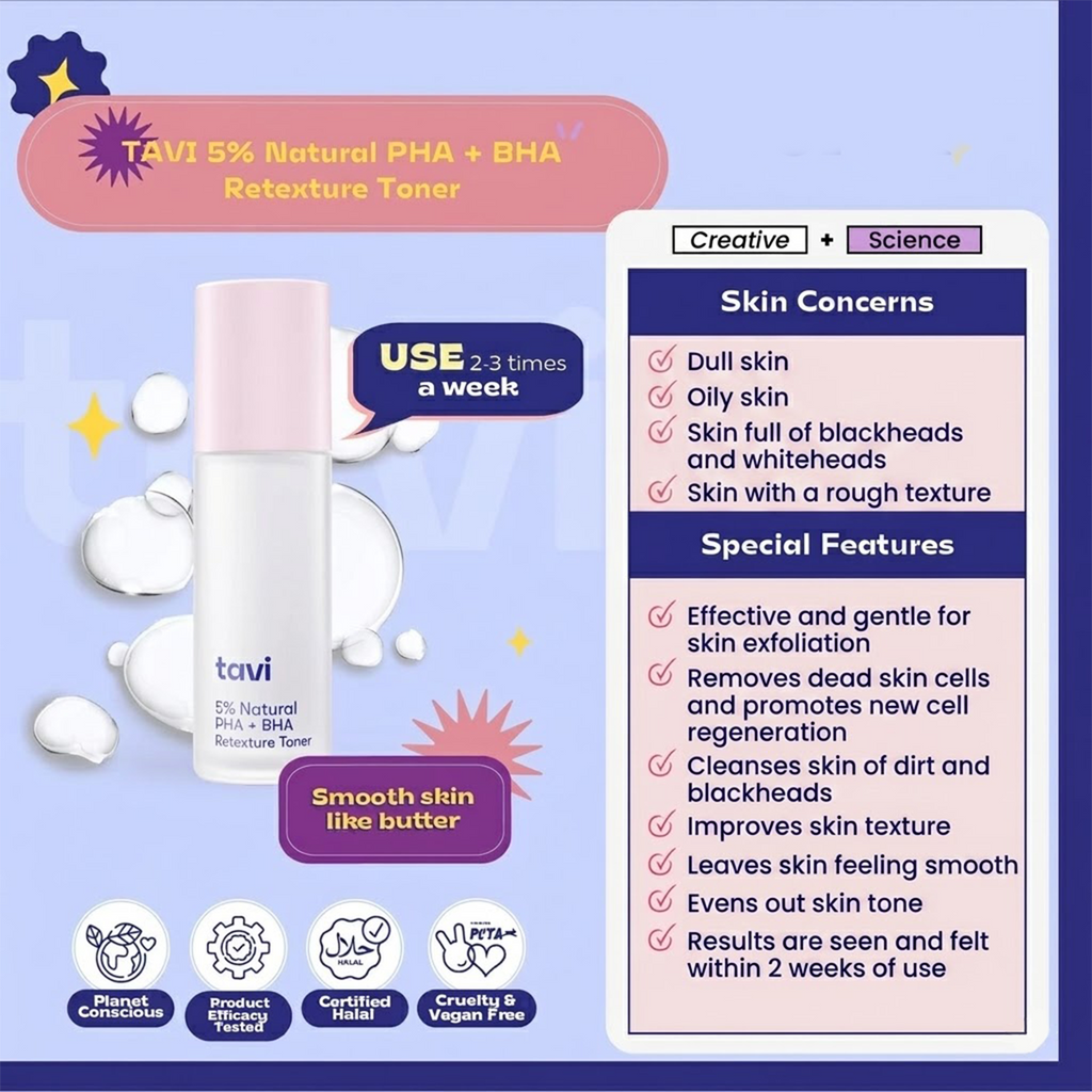 TAVI 5% Natural PHA+BHA Retexture Toner 100ml Exfoliating Facial Toner
