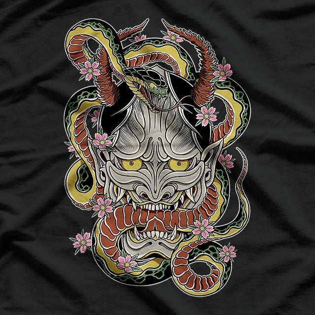 Japanese Demon Face Mask Harajuku Style Ronin Otaku Oni Yōkai T-Shirt