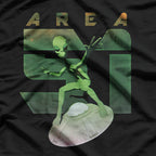Alien UFO Area 51 Green Man Surfing a Flying Saucer Funny Sci-Fi T-Shirt