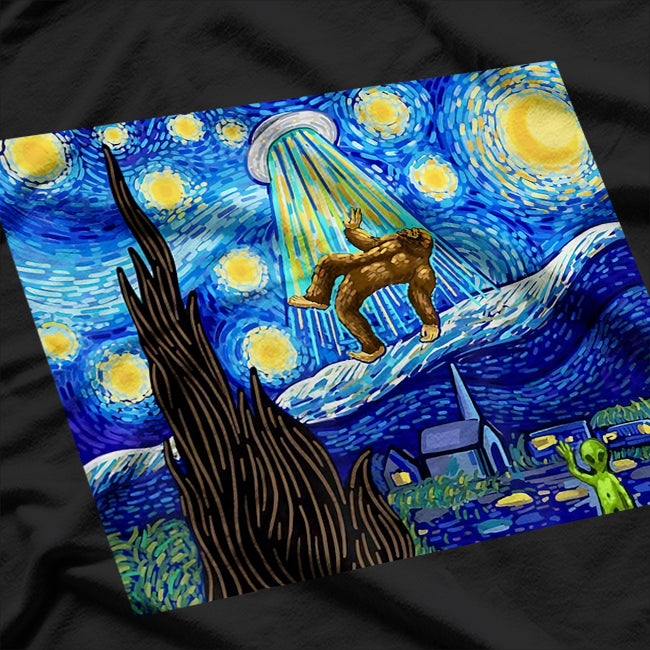 Bigfoot Meets Alien Under a Starry Night - A Cosmic Encounter T-Shirt