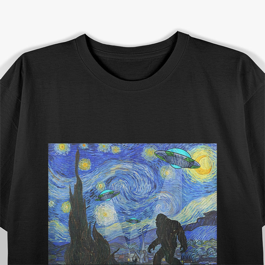 Starry Night Sasquatch & UFO - Bigfoot Meets Aliens T-Shirt