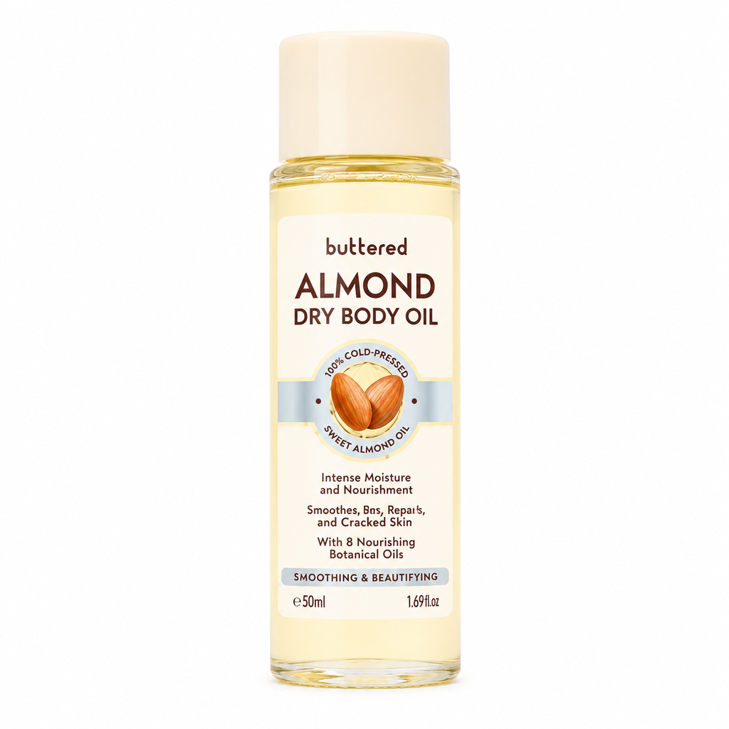 Buttered Almond Dry Body Oil 100ml | 60% Cold-Pressed Sweet Almond Oil, Vitamin E, Antioxidants & Stretch Mark Care