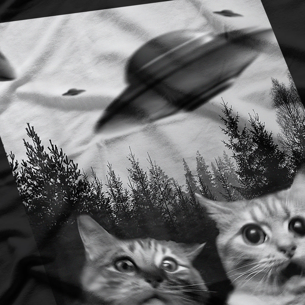 Funny Duo Cats Sci-fi Paws and UFOs Alien Invasion T-Shirt