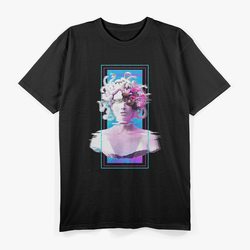 Vaporwave Medusa - Glitch Aesthetic Meets Japanese Otaku Style T-Shirt