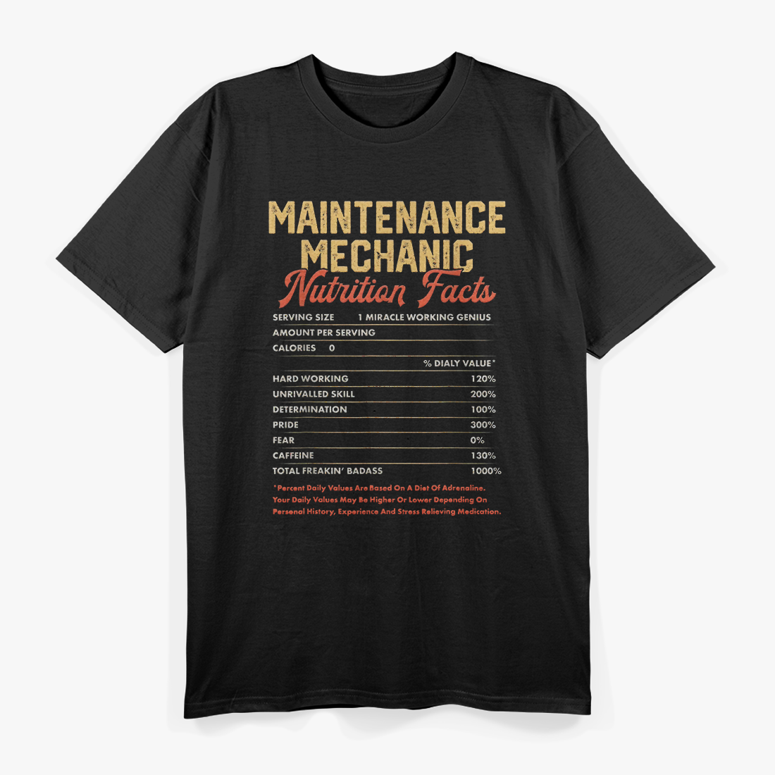 Maintenance Mechanic Nutrition Facts Funny Vintage T-Shirt
