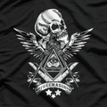 Freemason Compass Square All Seeing Eye Wings Masonic Skull T-Shirt