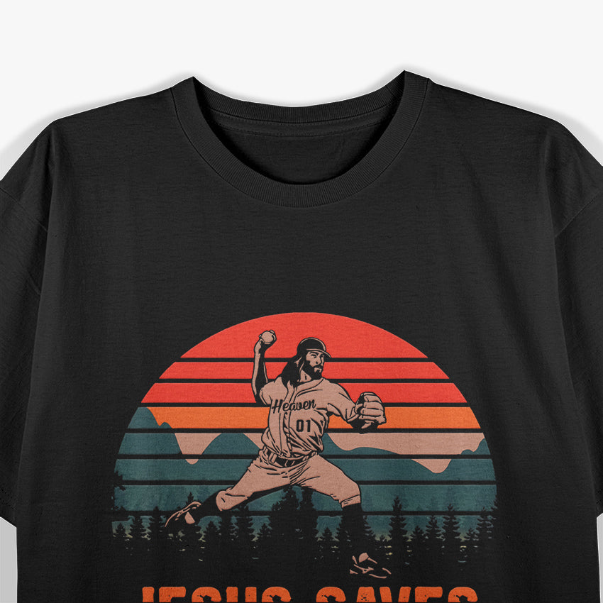 Jesus Saves Baseball Pitcher Retro Funny T-Shirt