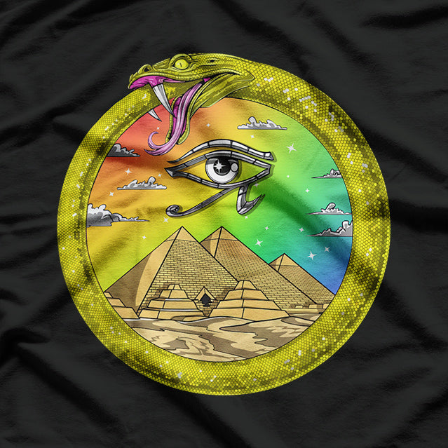 Ouroboros Snake & Egyptian Symbols - Eye of Horus & Pyramids T-Shirt