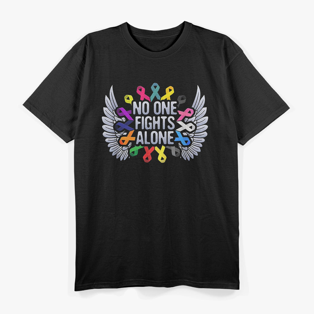 No One Fights Alone Multicolor Cancer Awareness Ribbon T-Shirt