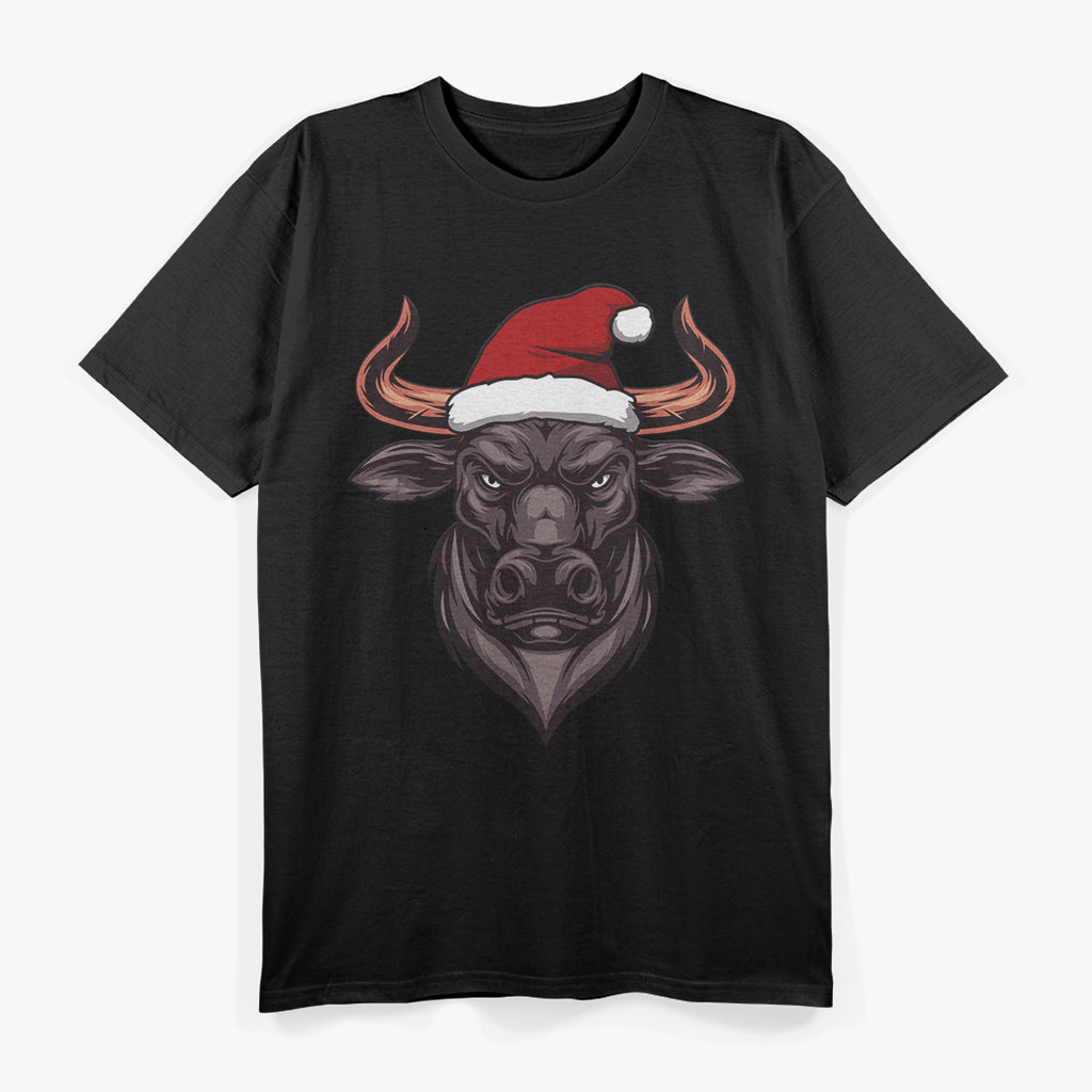 Xmas Bull Santa Hat Holiday Festive Animal T-Shirt